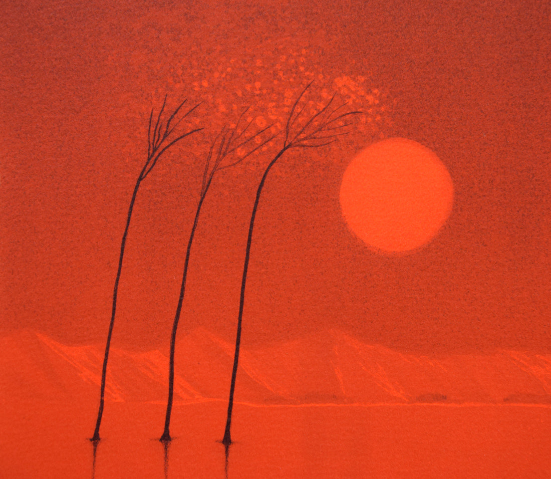 斎藤真一「津軽哀歌 赫い陽」リトグラフ 絵画買取・販売の小竹美術