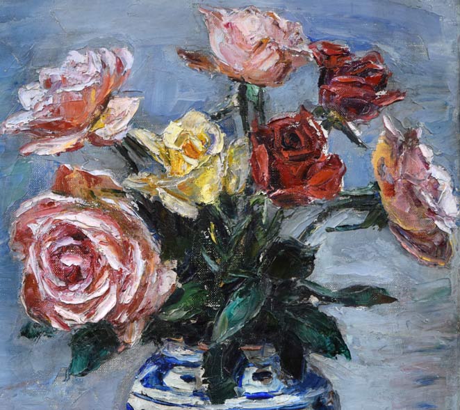 萩谷巌「静物画（ばら）」油絵・F6号 絵画買取・販売の小竹美術