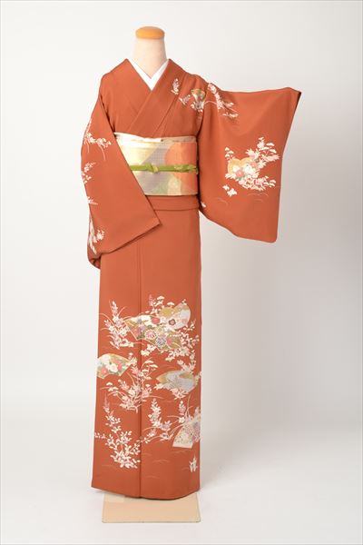 訪問着［柿茶色の地紙模様］｜着物レンタルあき (来店着付け無料・全国