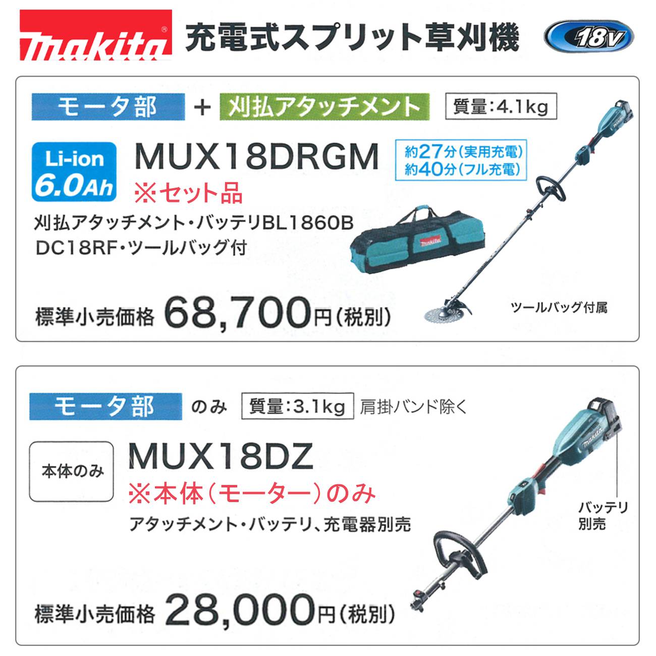 マキタ MUX18DRGM MUX18DZ 充電式スプリット草刈機 (刈払機) 18V