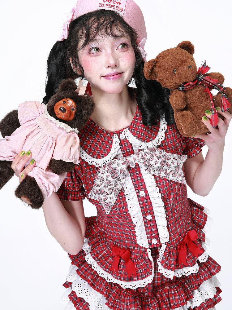 Kawaii Red Plaid Short Sleeve Shirt - Showa Lace Bow - SOS MEME