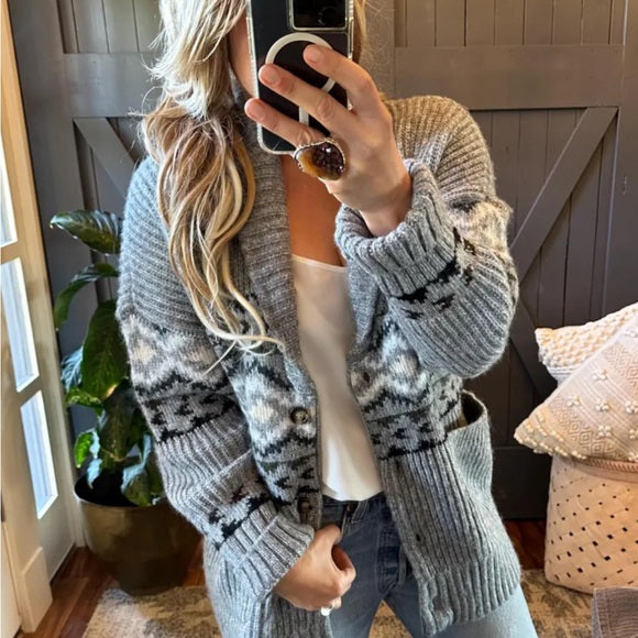 Western Cowichan Print Grey Cardigan Sweater – Lavender Tribe