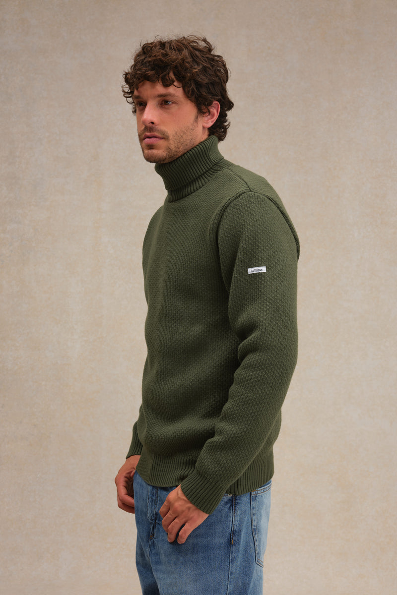 Men's turtle-neck olive green Norwegian sweater in merino wool