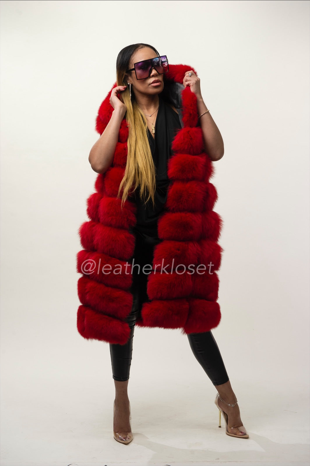 Women's Mia Fox Fur Vest With Hood [Red] – LeatherKloset