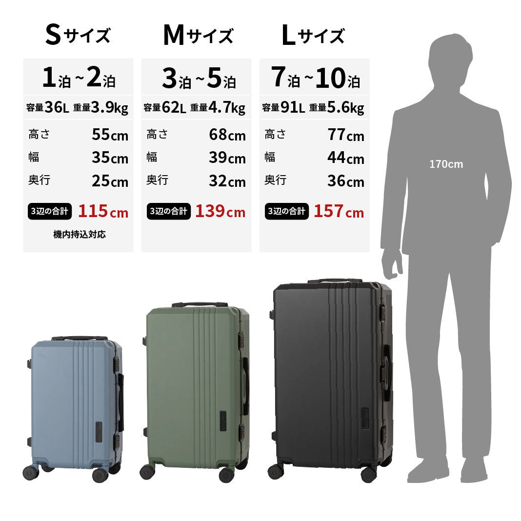 7泊以上 91L 細フレーム トランクタイプスーツケース Lサイズ
