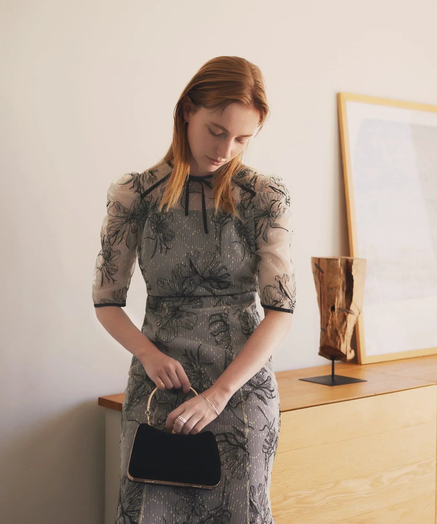 当日発送】花柄リボンパフスリーブマーメイドドレス/パーティードレス