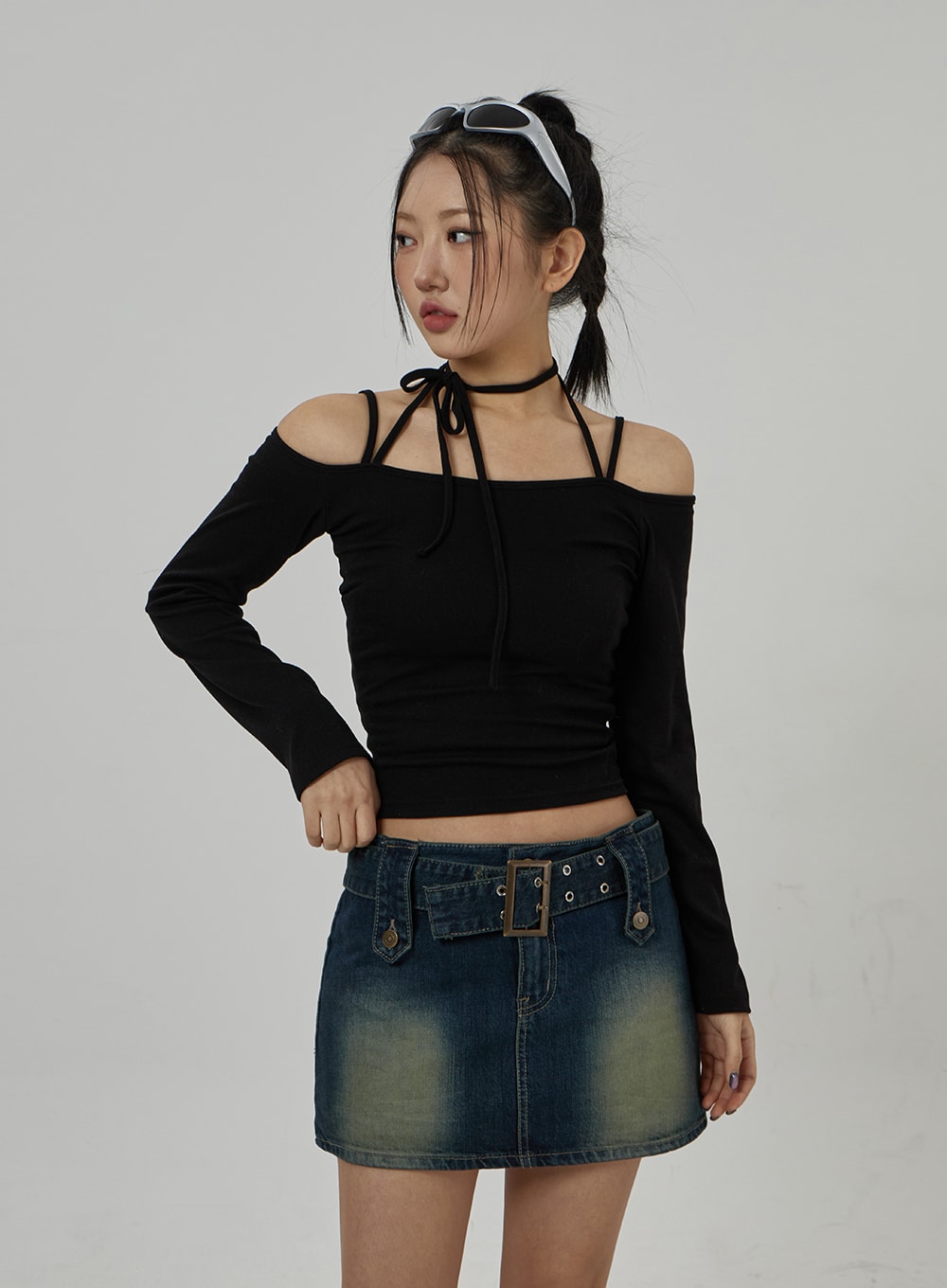 Neck Ribbon Detail Long Sleeve Cropped Top CD21 - Korean Women's