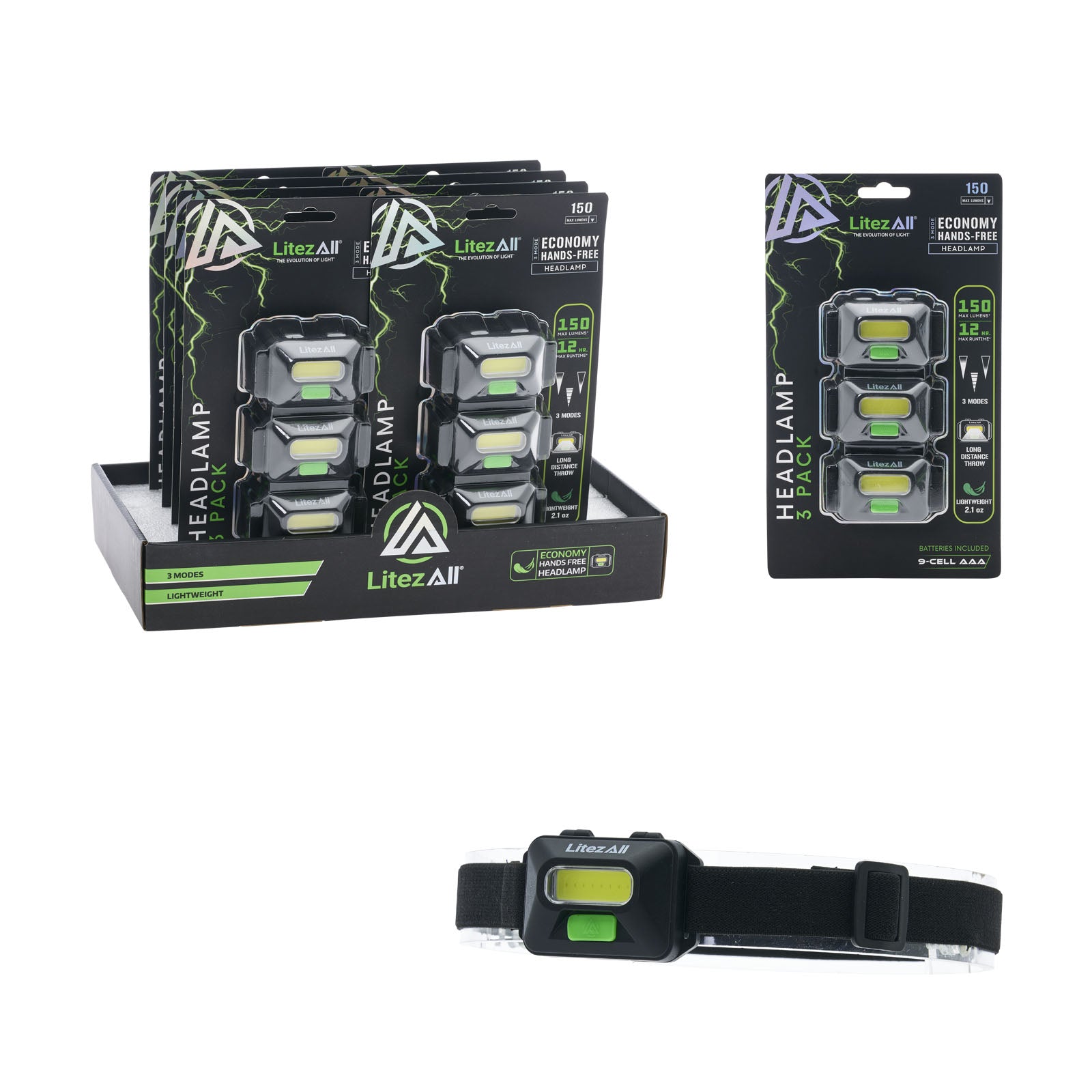 LitezAll® Economy Headlamp 3 Pack 28615 - LA-150LMHL-8-16 - LitezAll
