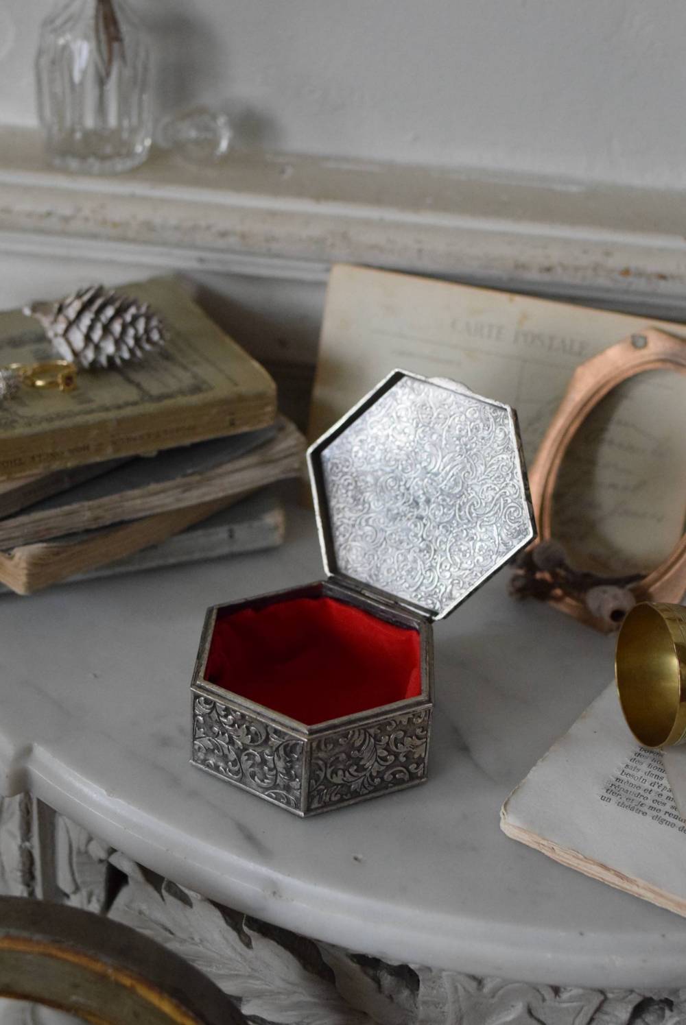 ジュエリーボックス.六角形 シルバープレート フランスアンティーク雑貨