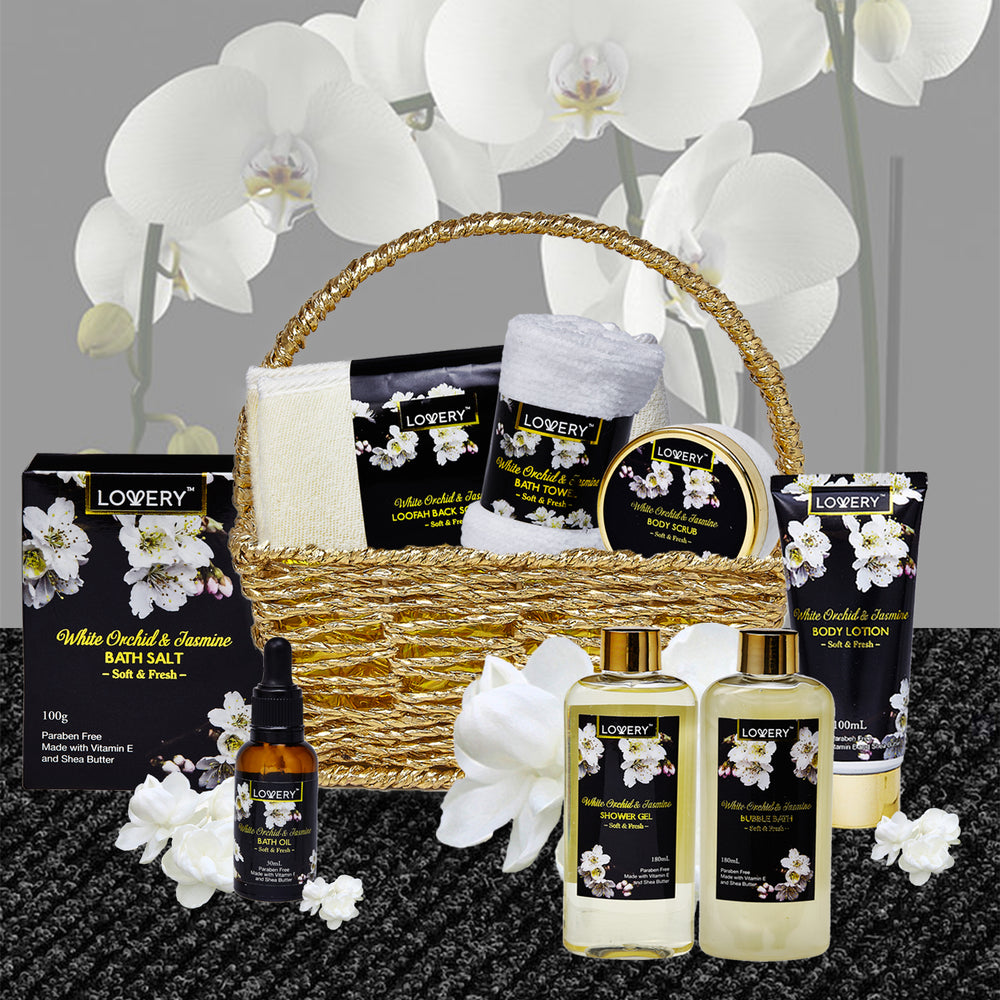 White Orchid Home Bath Set, 8pc Bath Gift Basket for Her - Lovery