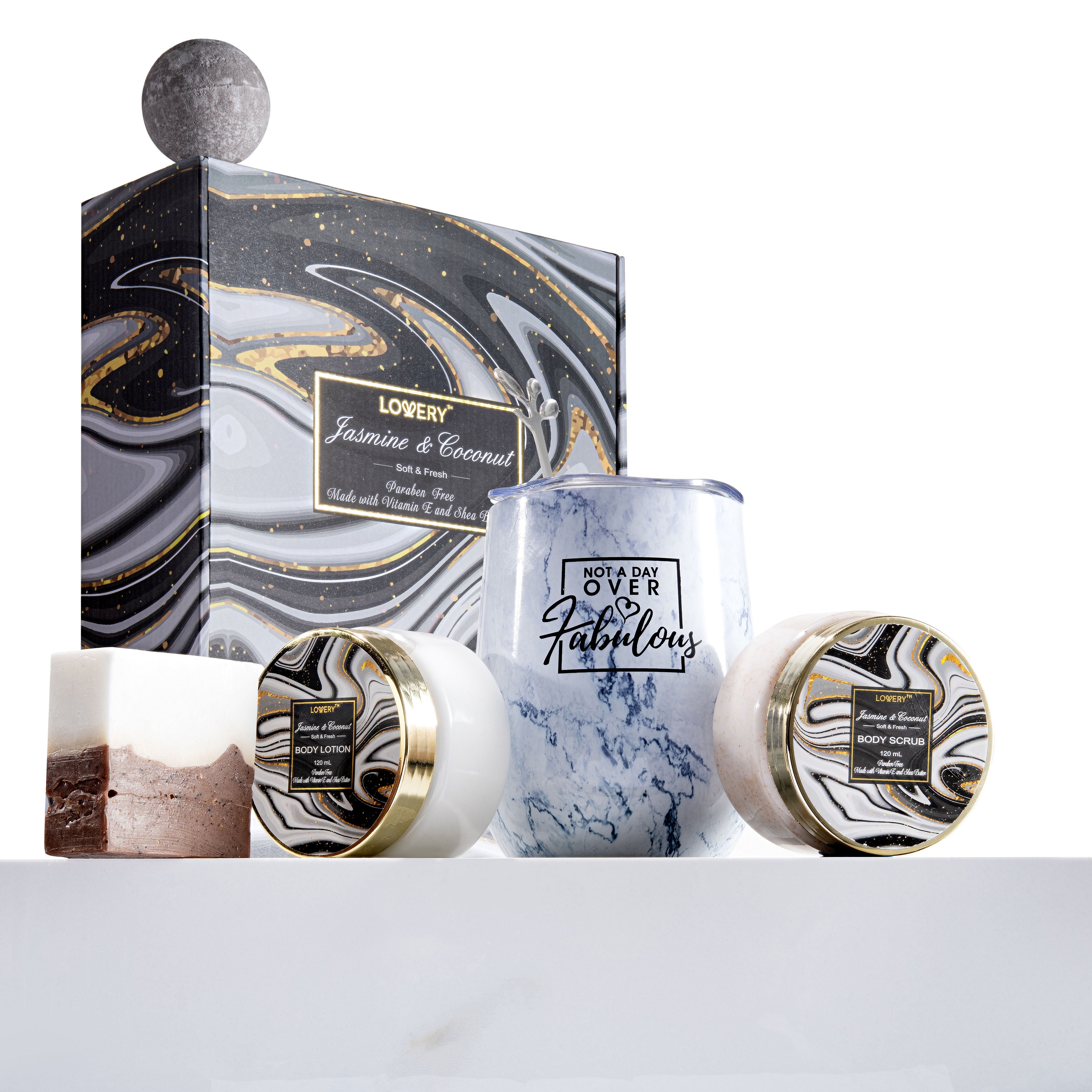 Coconut Jasmine Marble 8-Piece Spa Kit & Wine Tumbler | Lovery Gifts