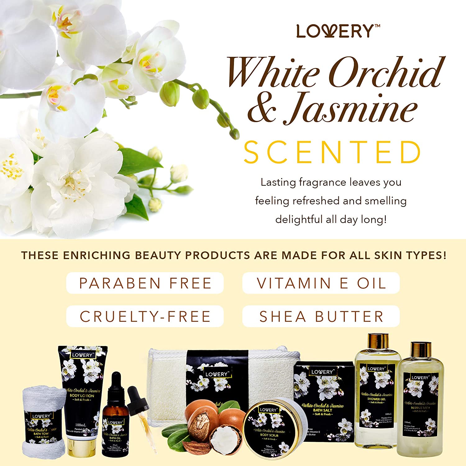 White Orchid Home Bath Set, 8pc Bath Gift Basket for Her - Lovery