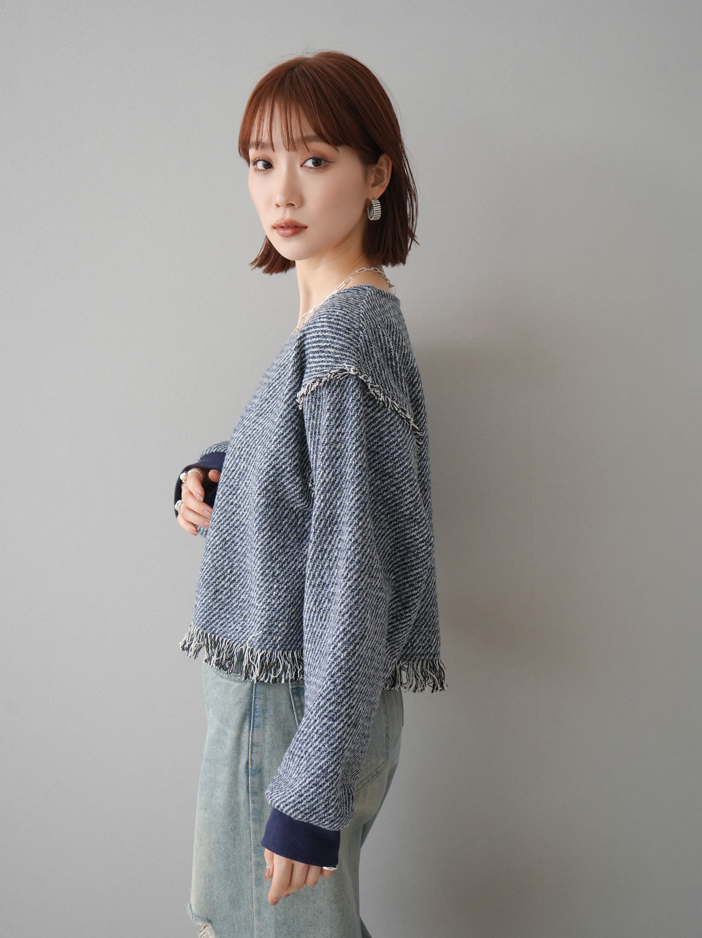 予約]ツイードフリンジプルオーバー/ブルー – Lumier