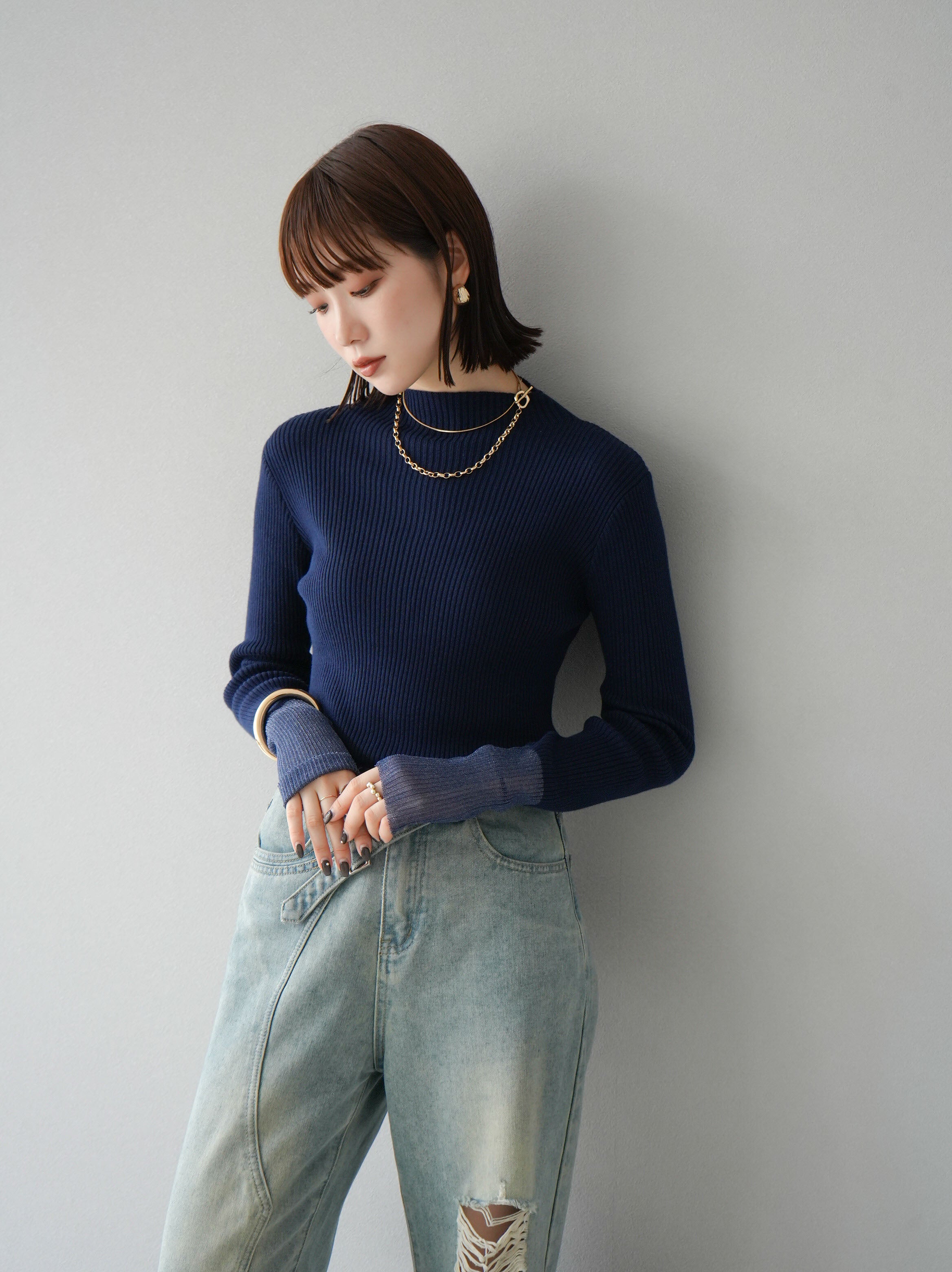 予約]袖ラメシアー切替リブニットトップス/ネイビー – Lumier