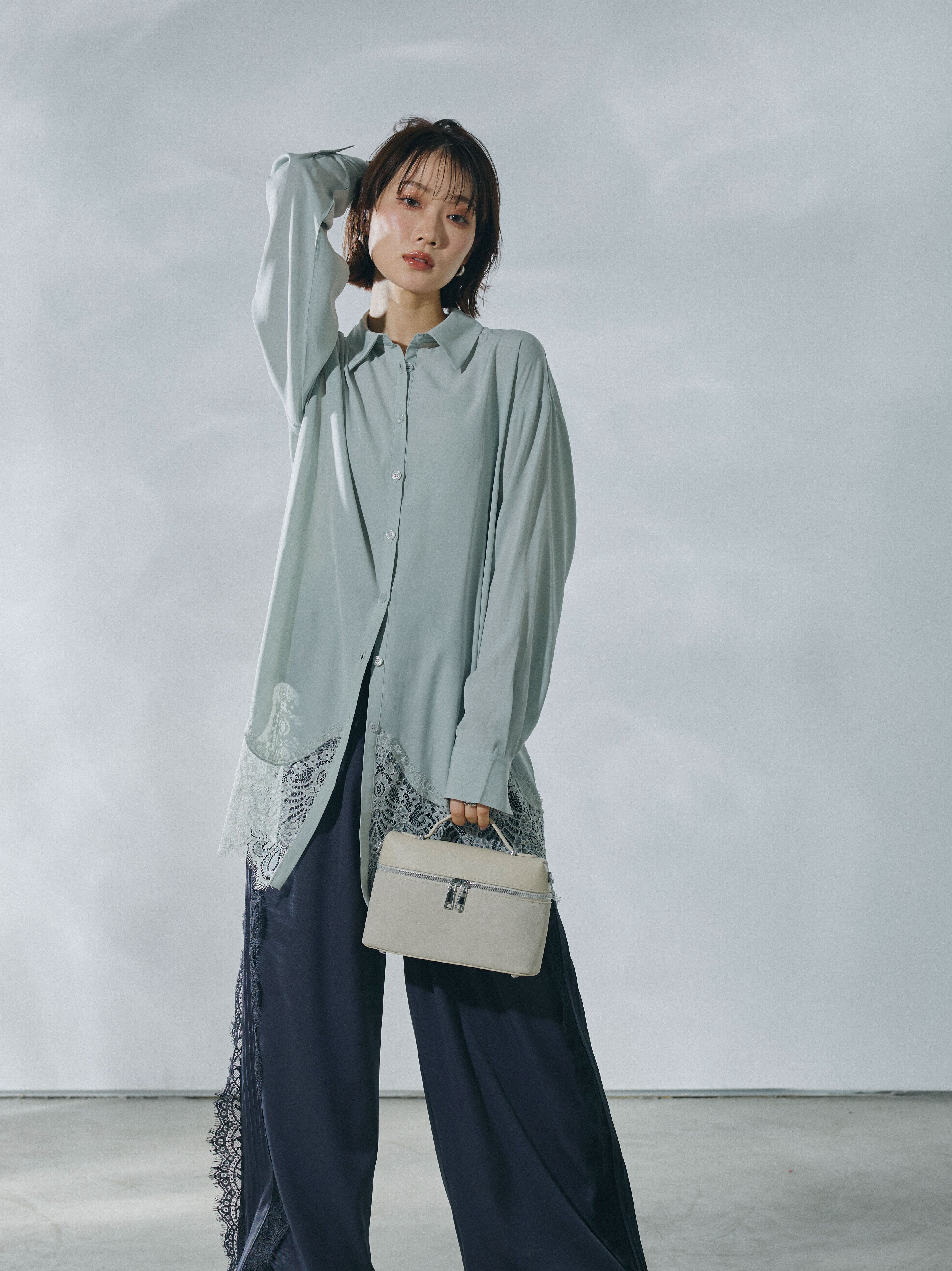 Allure】[SET]裾レースポプリンシャツ+サイドピンタックレースイージー