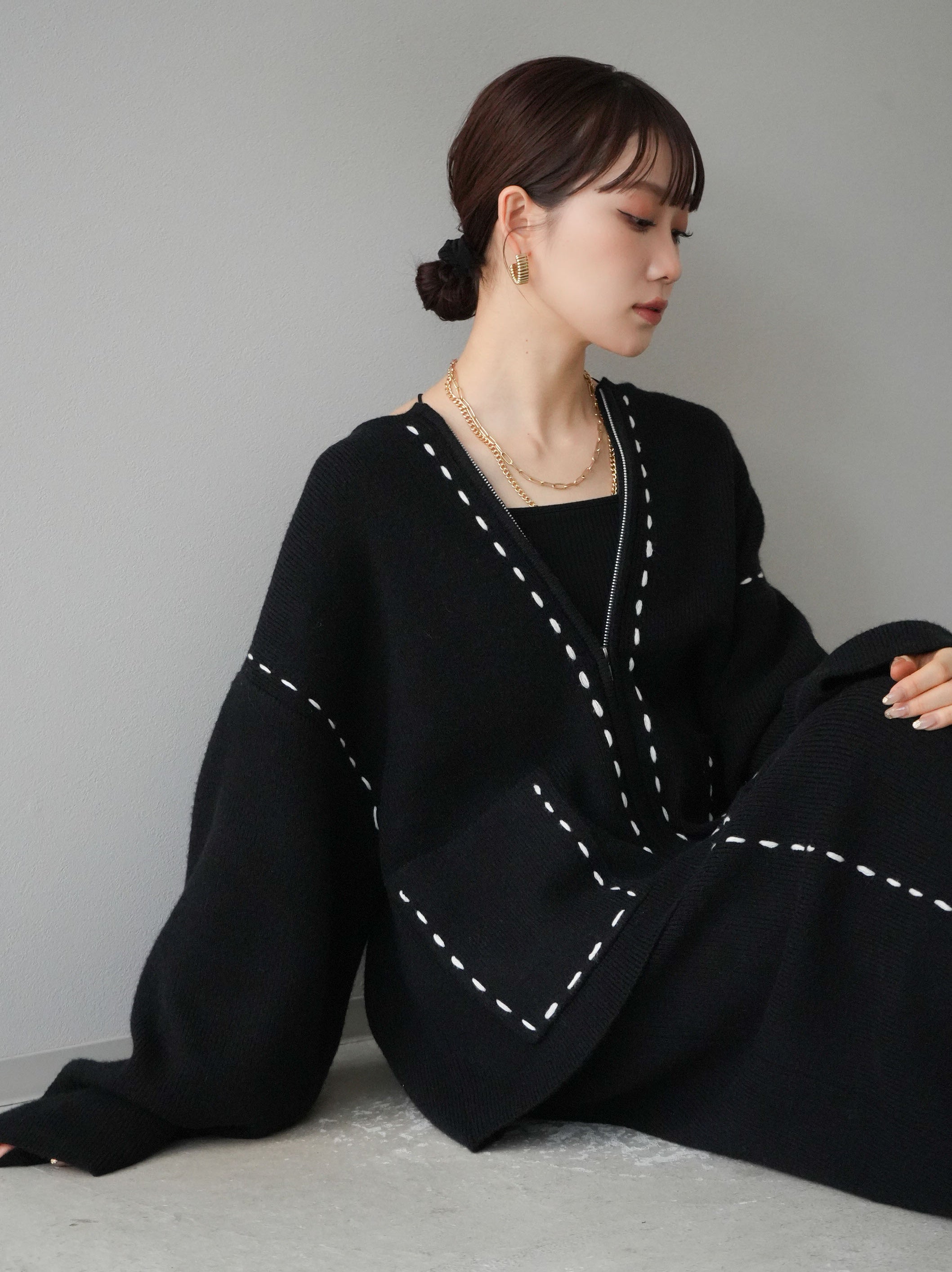 SET]ステッチデザインジップニットカーディガン+ステッチデザイン