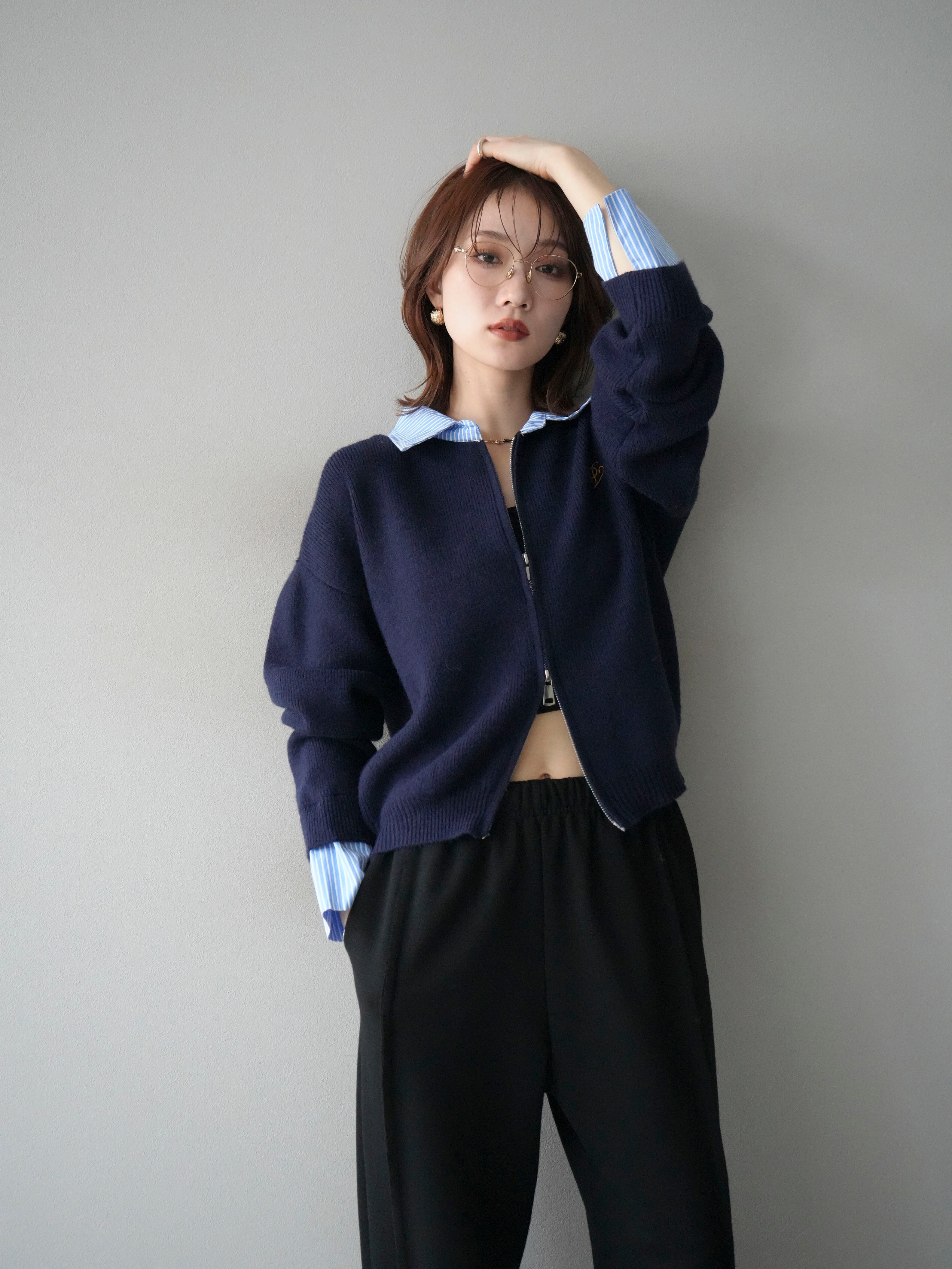 予約]ストライプシャツレイヤードZIPニットカーディガン/navy – Lumier
