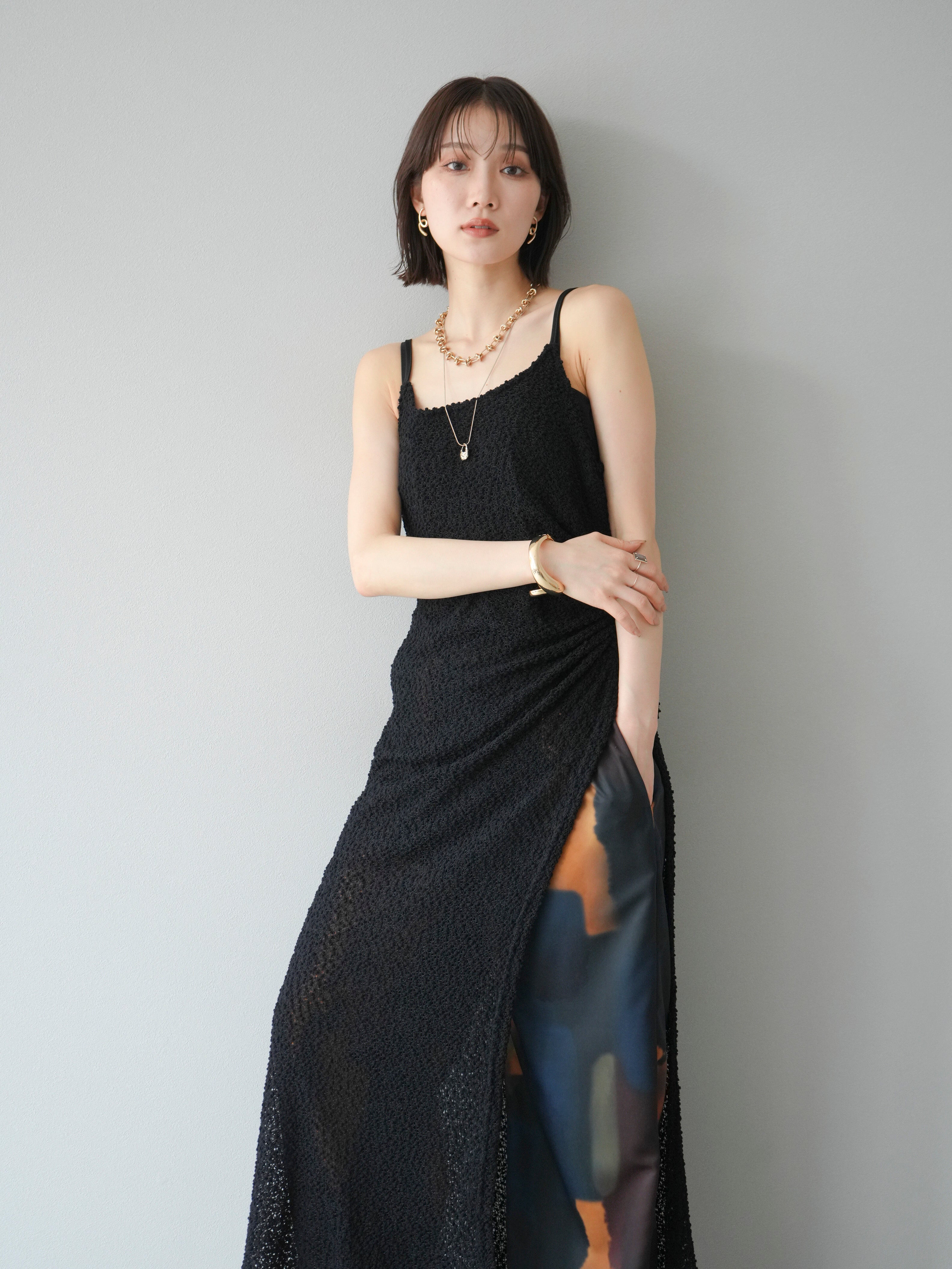 予約]ポコポコウエストギャザースリットキャミワンピース/ブラック