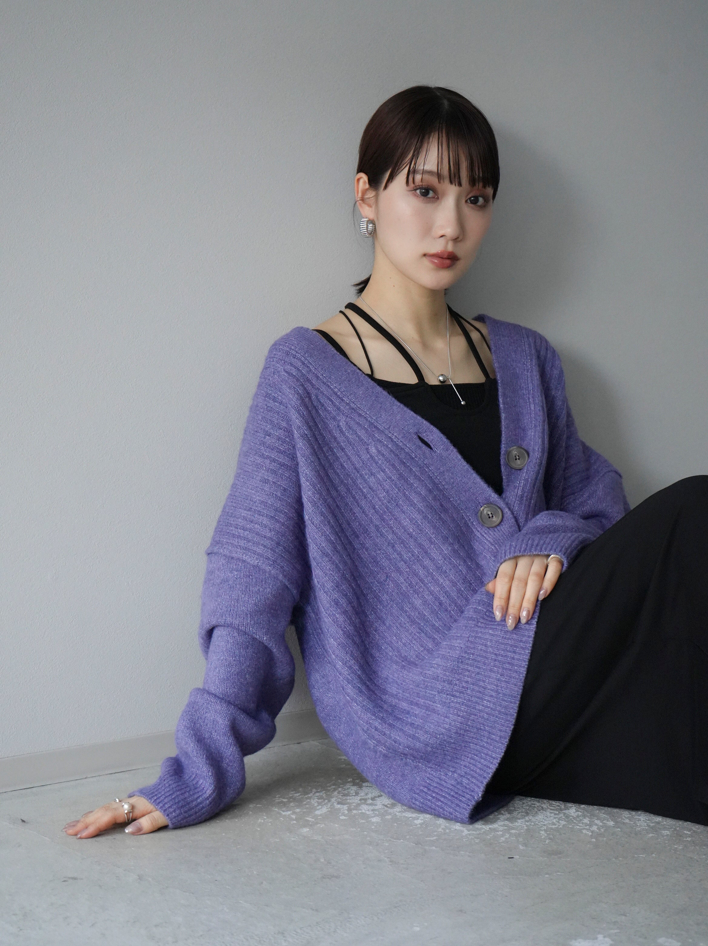 予約]ワイドリブニットカーディガン/パープル – Lumier