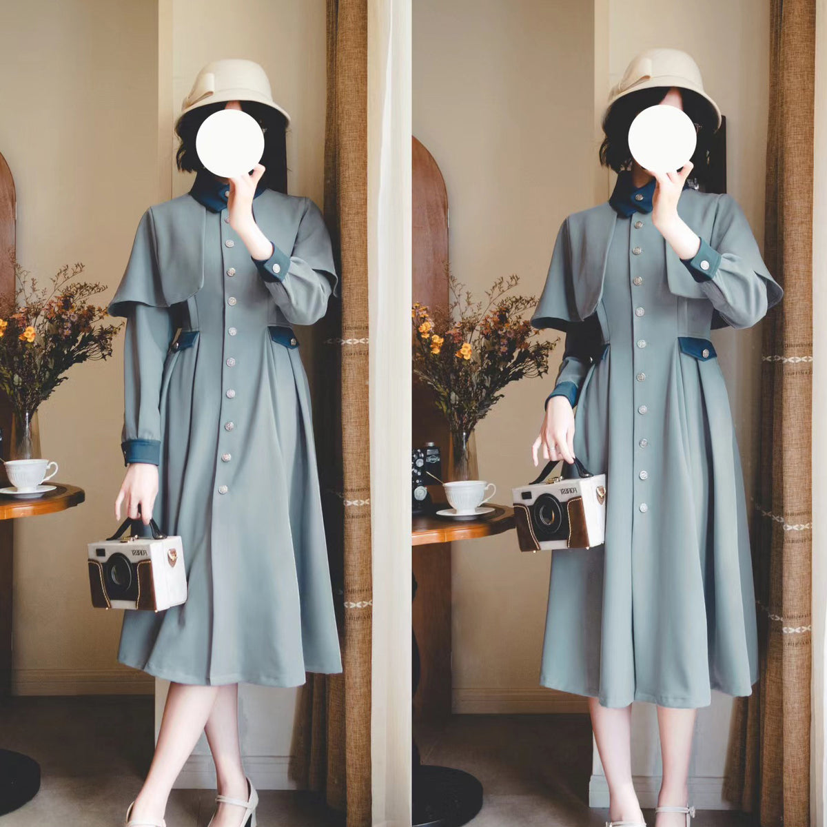 映画女優のクラシカルコートワンピースとショートケープ（ホリゾン