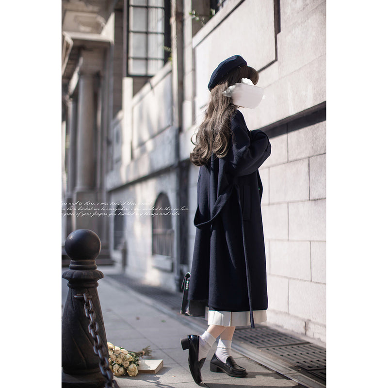 濃紺のお嬢様の文学ダブルブレストウールコート – ManusMachina