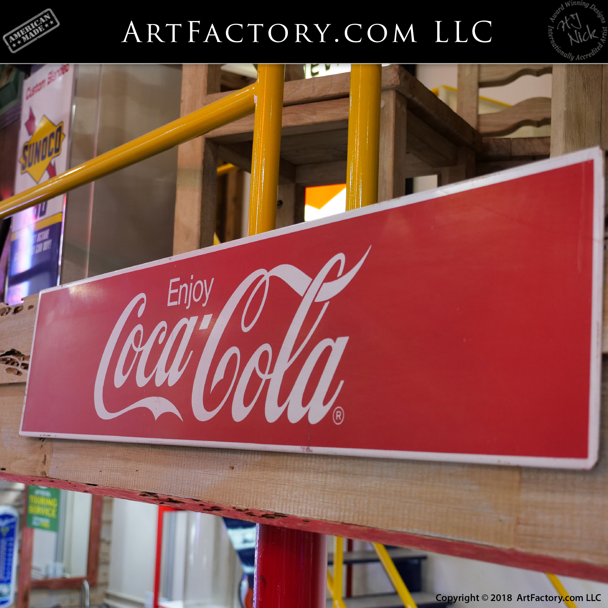 Enjoy Coca-Cola Sign: Original Vintage Tin Litho Vending Machine Panel