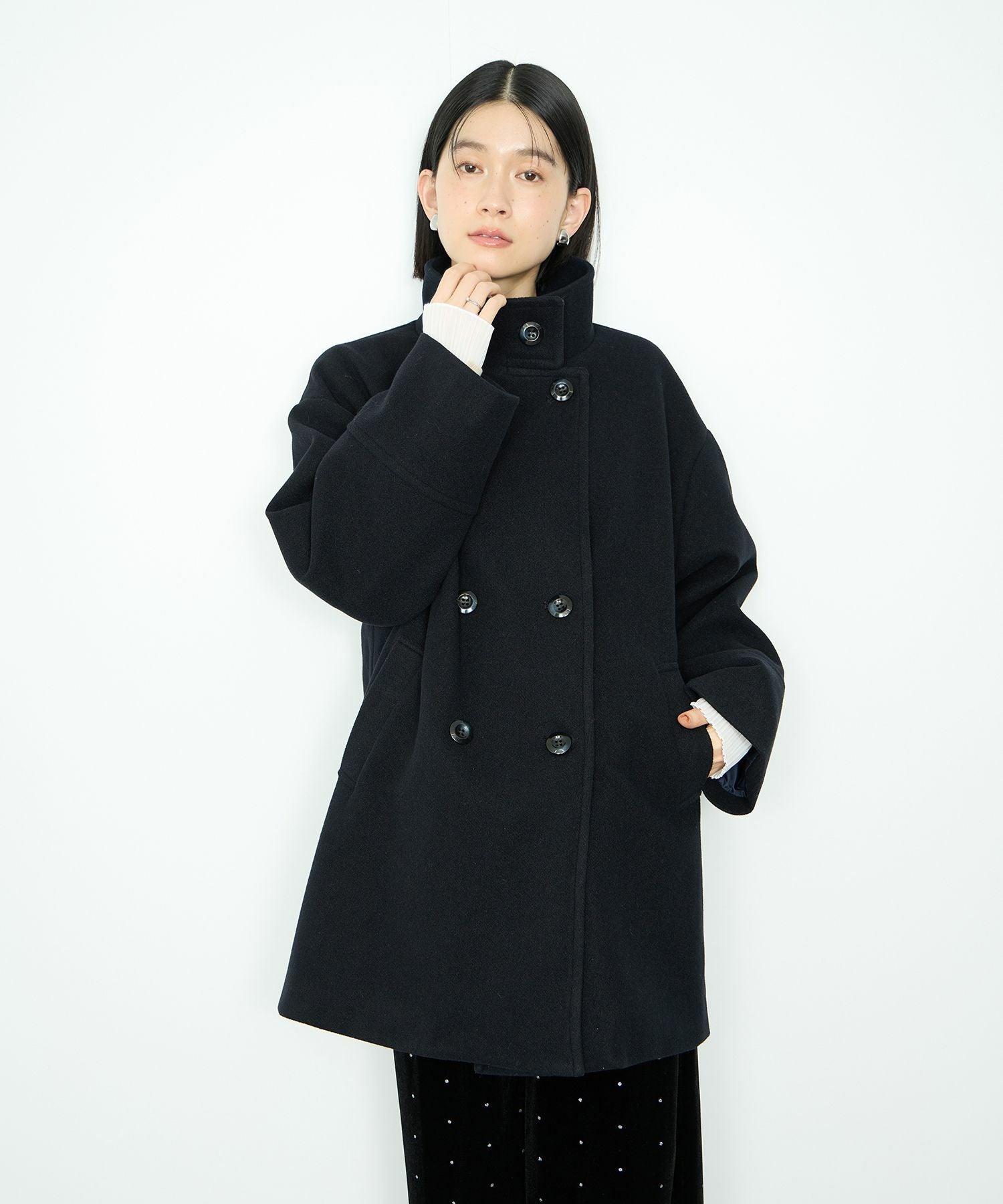 Idnes スタンドカラーミドルコート レディース