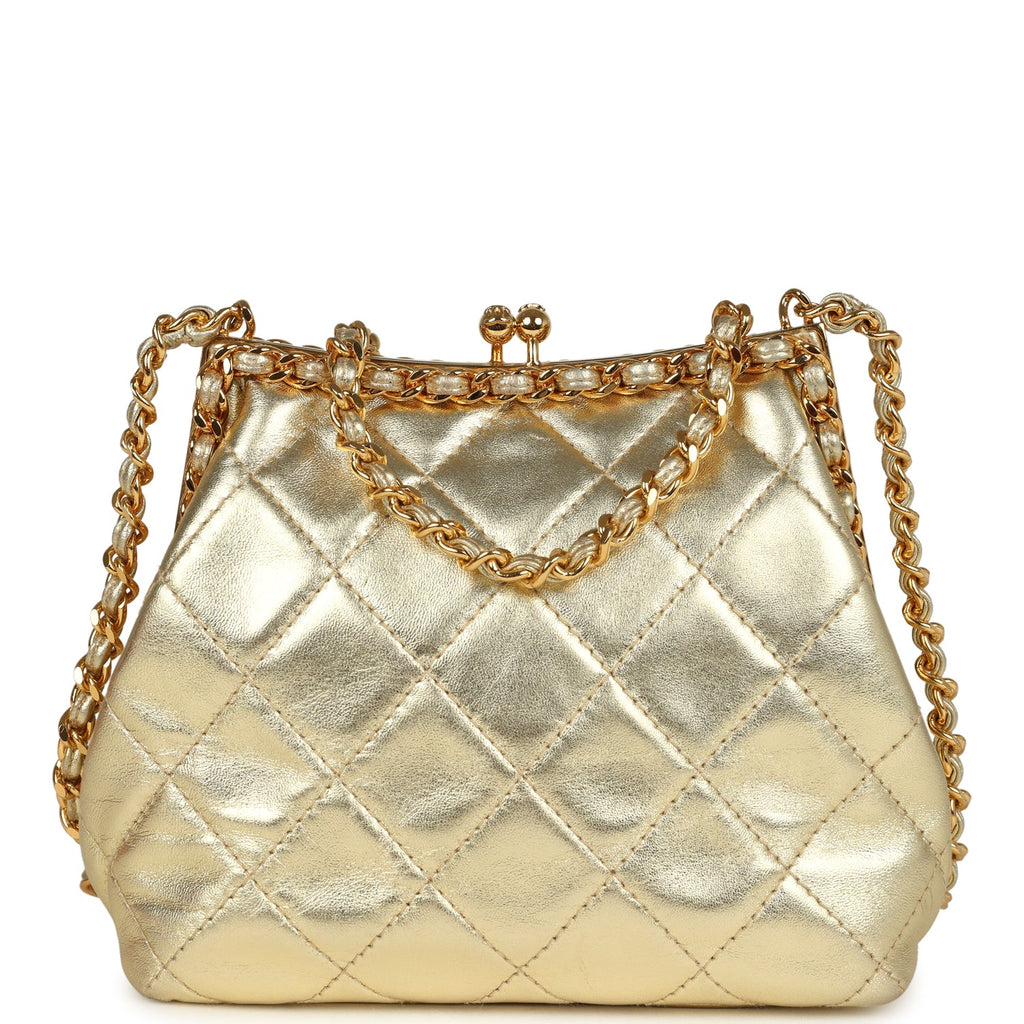Vintage Chanel Kiss Lock Frame Shoulder Bag Gold Metallic Lambskin Gol