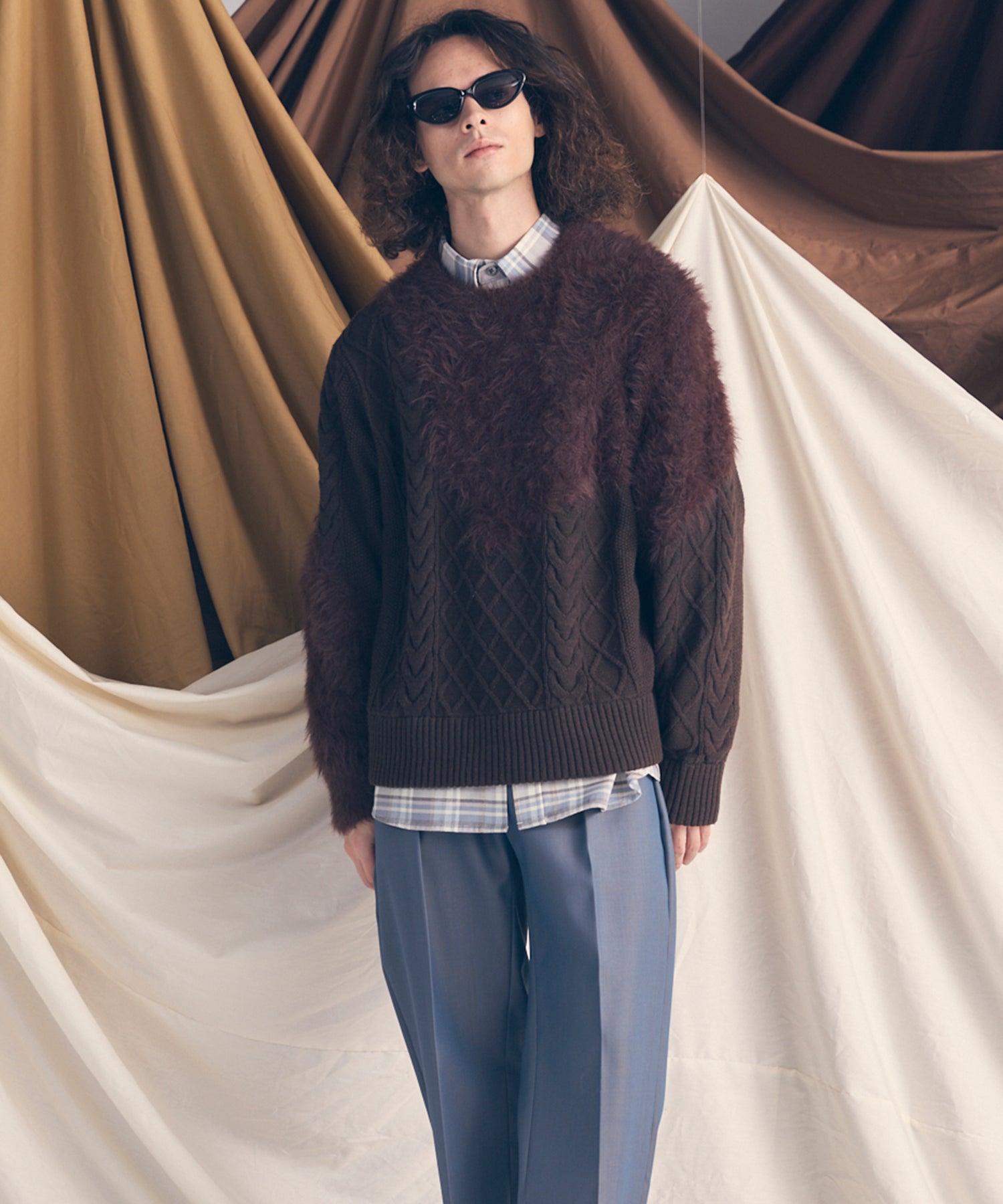 Cable Shaggy Mix Prime-Over Crew Neck Knit Pullover