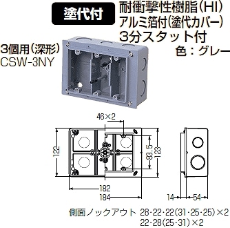 CSW-3NY 未来工業 埋込スイッチボックス(塗代付)3個用(深型) 即配