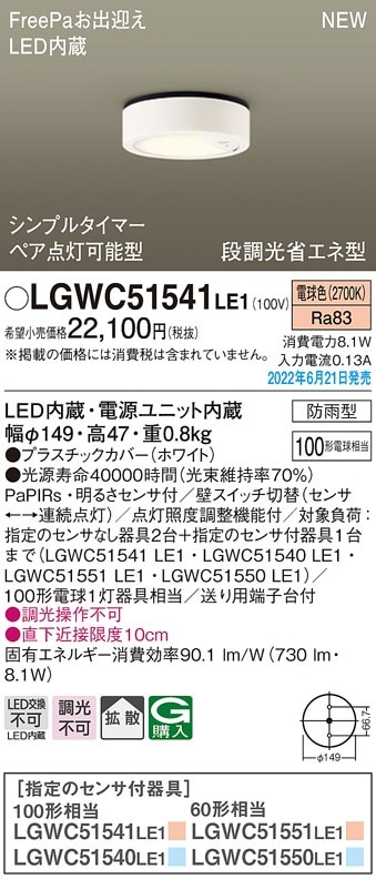 LGWC51551LE1 パナソニック 人感センサー付 軒下用LEDシーリングライト
