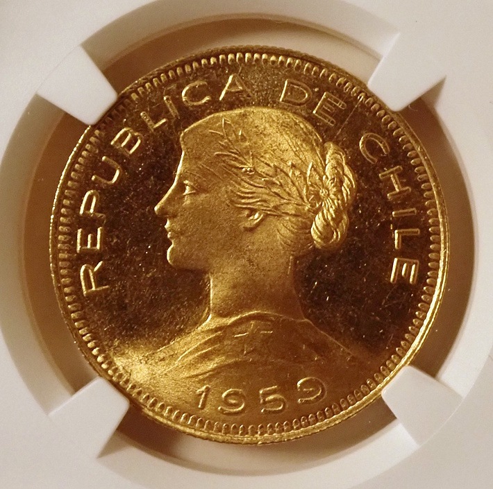 チリ1959年発行、100ペソ金貨、MS65＋高鑑定、KM-175 | アンティーク