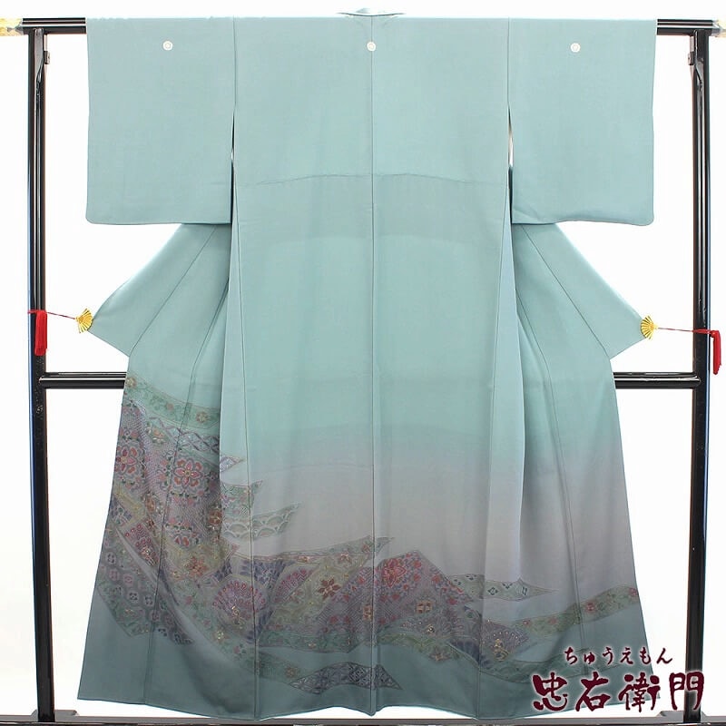 中古】 色留袖 3ツ紋 レディース 正絹 グレー 水色 紫 刺繍 身丈156cm