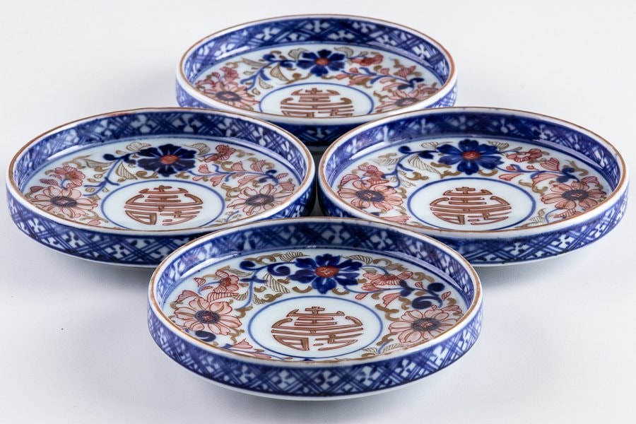 古伊万里】 大聖寺伊万里 金襴手花文小皿 4客セット 江戸後期 16468