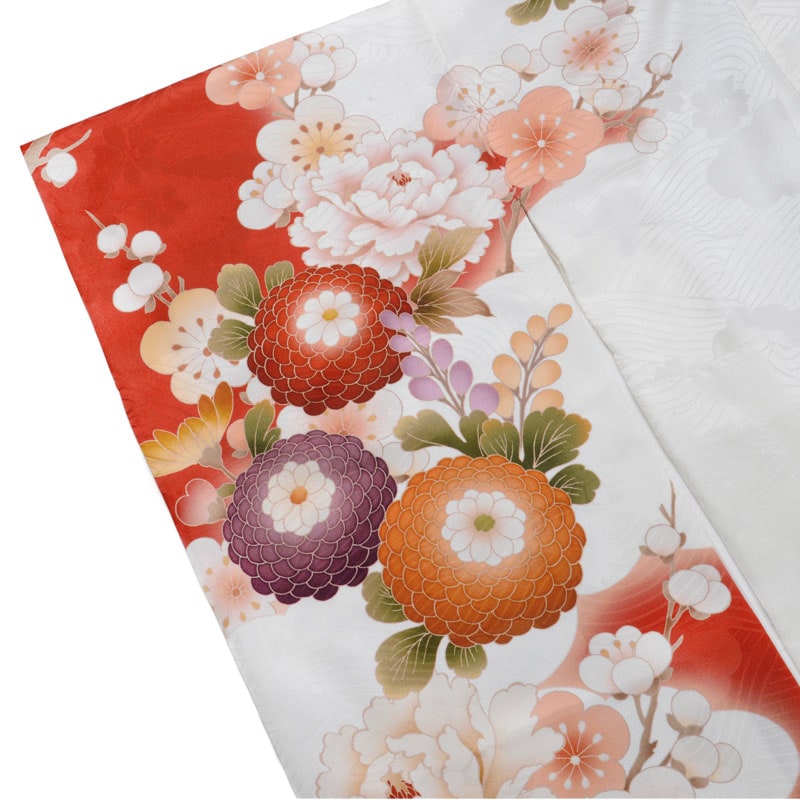 東京レトロ 白 菊牡丹に梅（【振袖・袋帯・長襦袢のセット商品です