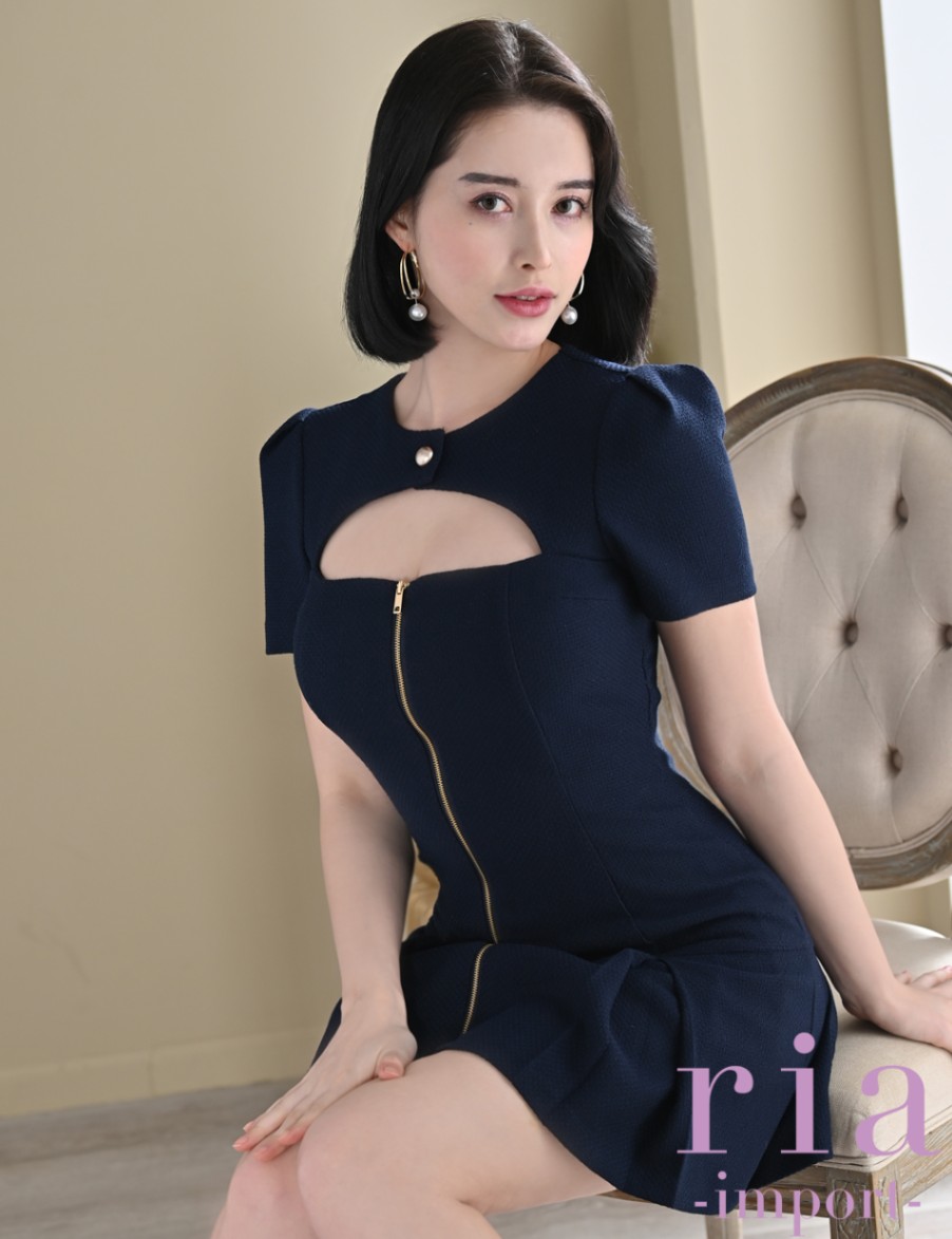 ria】ミニ/フレア/ワンピース/ネイビー/半袖/フロントファスナー