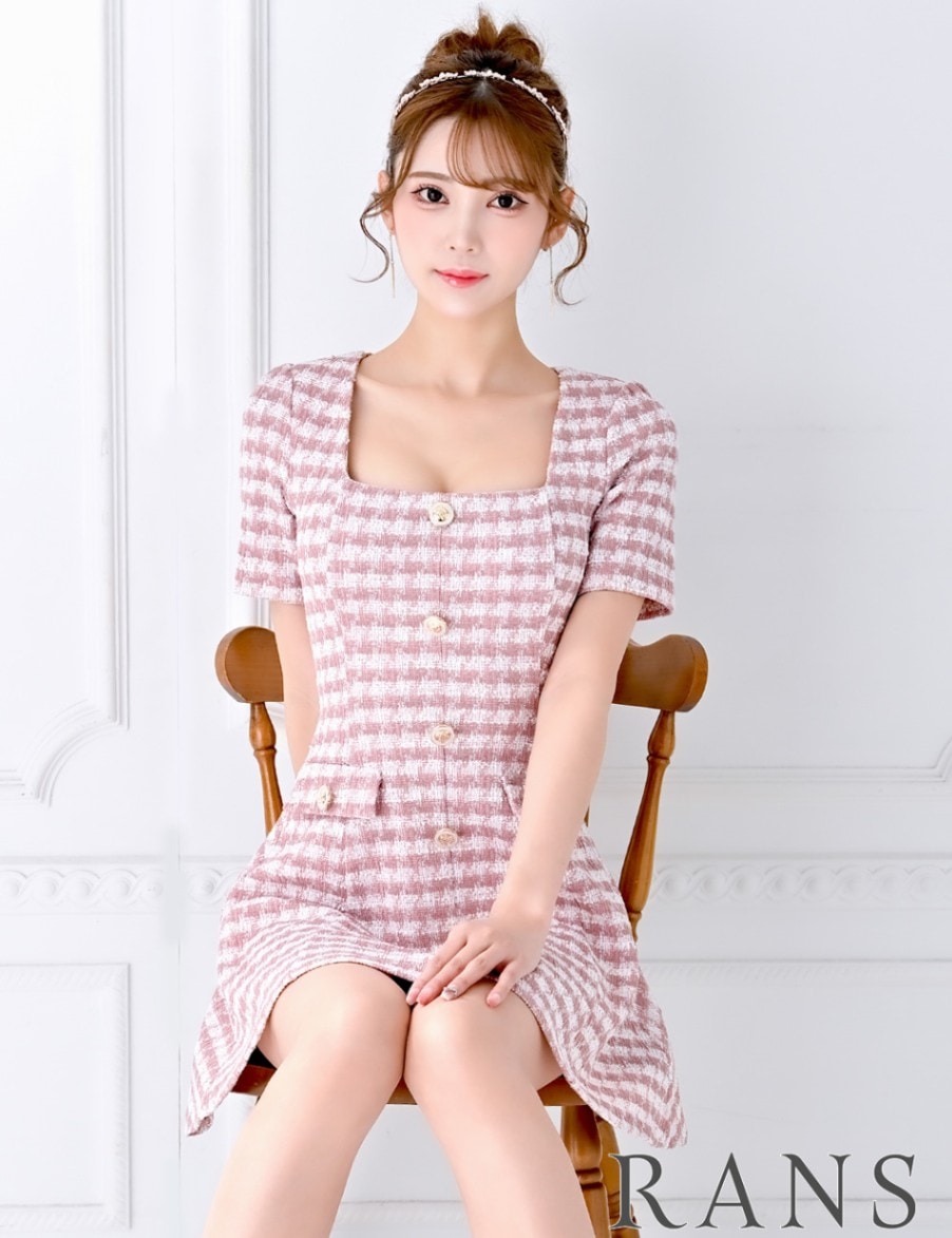 RANS】ミニ/ドレス/フレア/ピンク/ツイード/袖あり/千鳥柄 | すべての