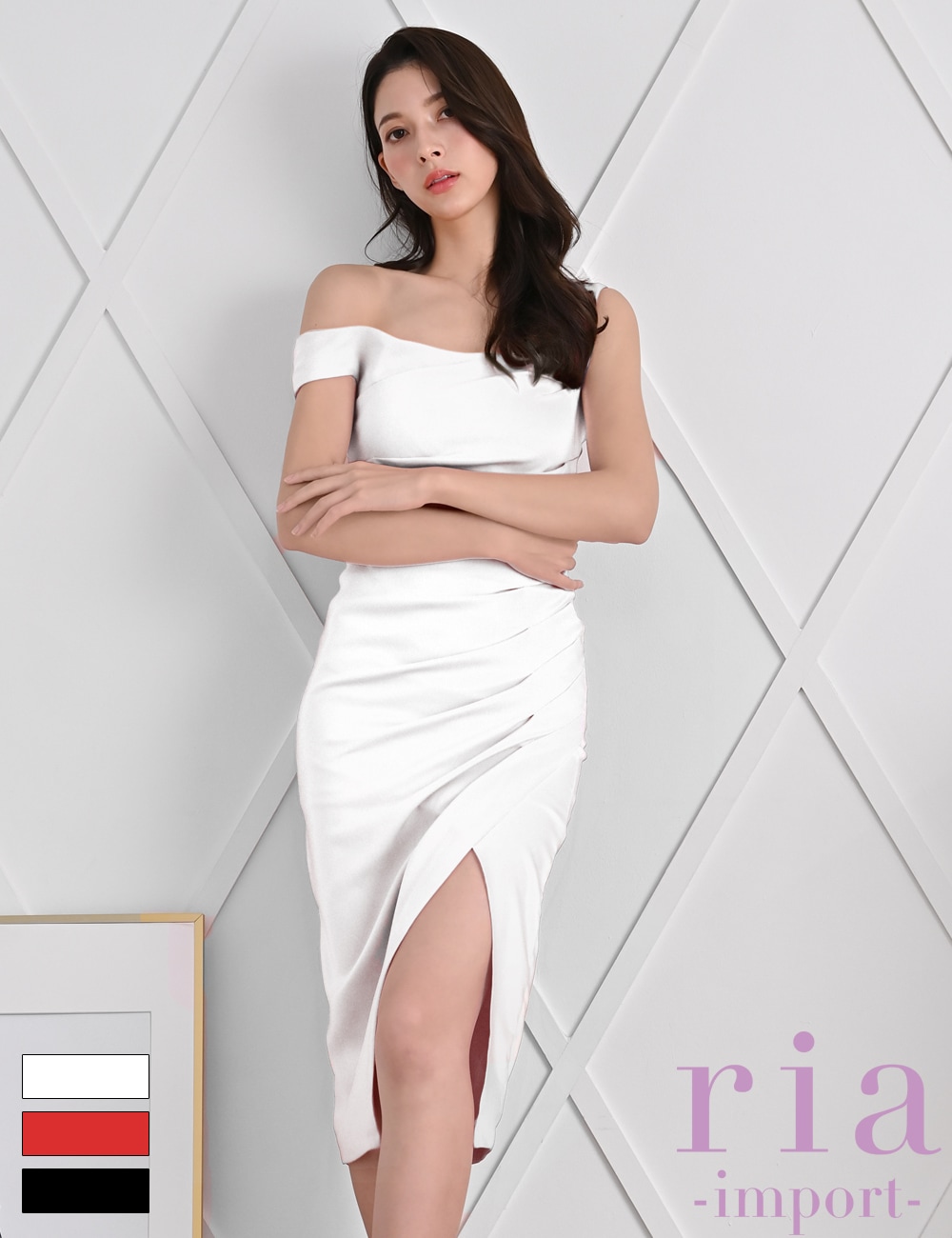 ria】丈長/ドレス/ワンピース/ホワイト/ドレープ/オフショル/タイト