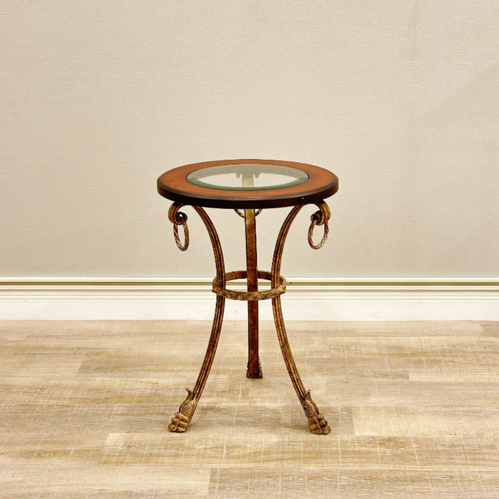 アンティークサイドテーブル ガラスウッド天板 アイアンフレーム