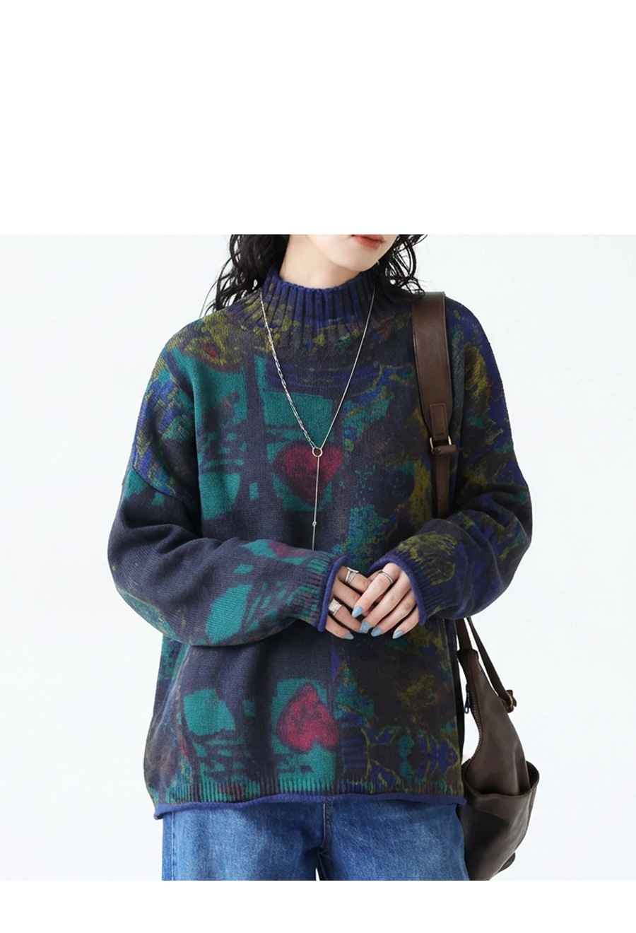 アート柄 ハイネックニット レディース ニット 長袖 送料無料・メール