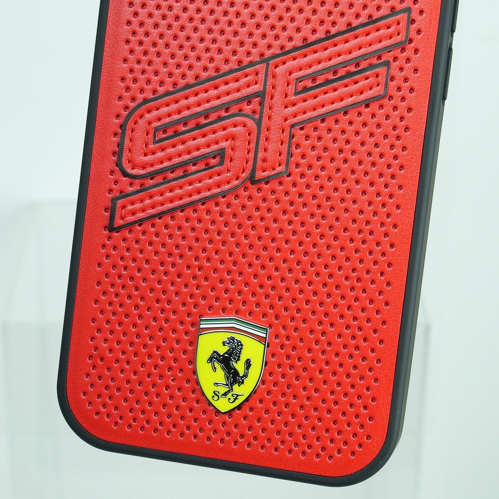 フェラーリ iPhone 15 PUレザー バックカバー ビッグ SF レッド