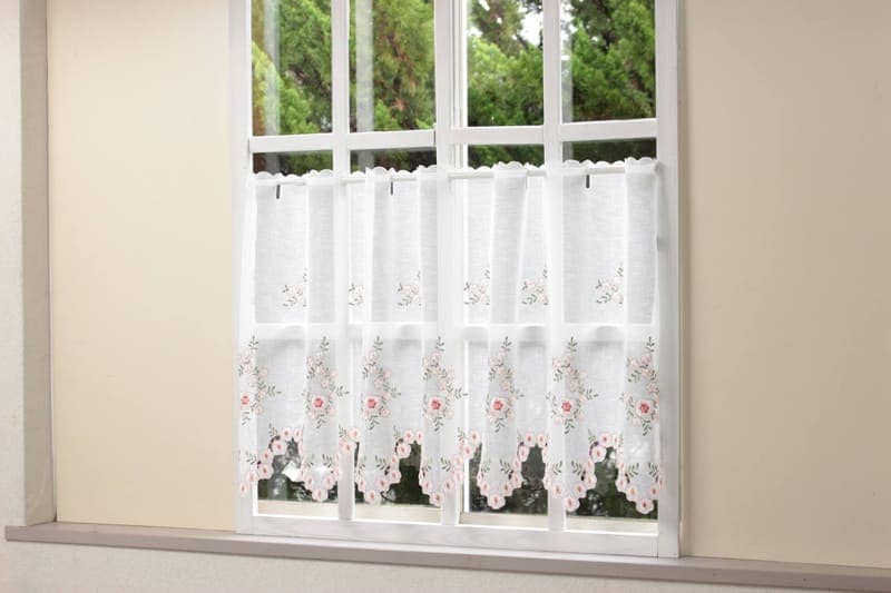 フラワー刺繍 カフェカーテン 約130×60cm｜インテリアレース・テーブル
