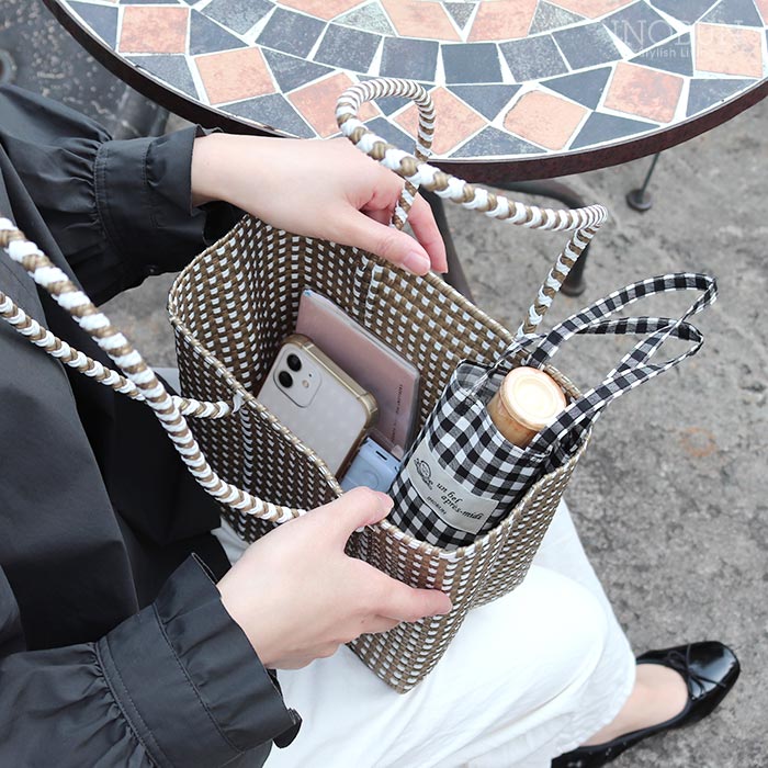 メルカド バッグ レトラ MINI CHECK BUCKET SLIM ゴールド x ホワイト