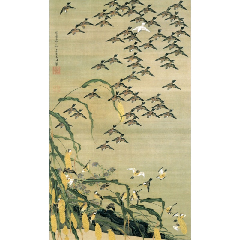 伊藤若冲 動植綵絵 秋塘群雀図 高級仕様 額 美術品 インテリア 作品