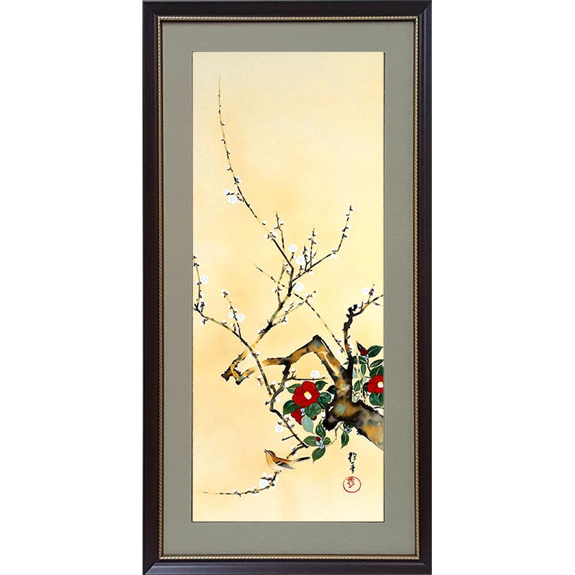酒井抱一 「十二か月花鳥図」 一月 梅椿に鶯図 額装【ポイント5％還元