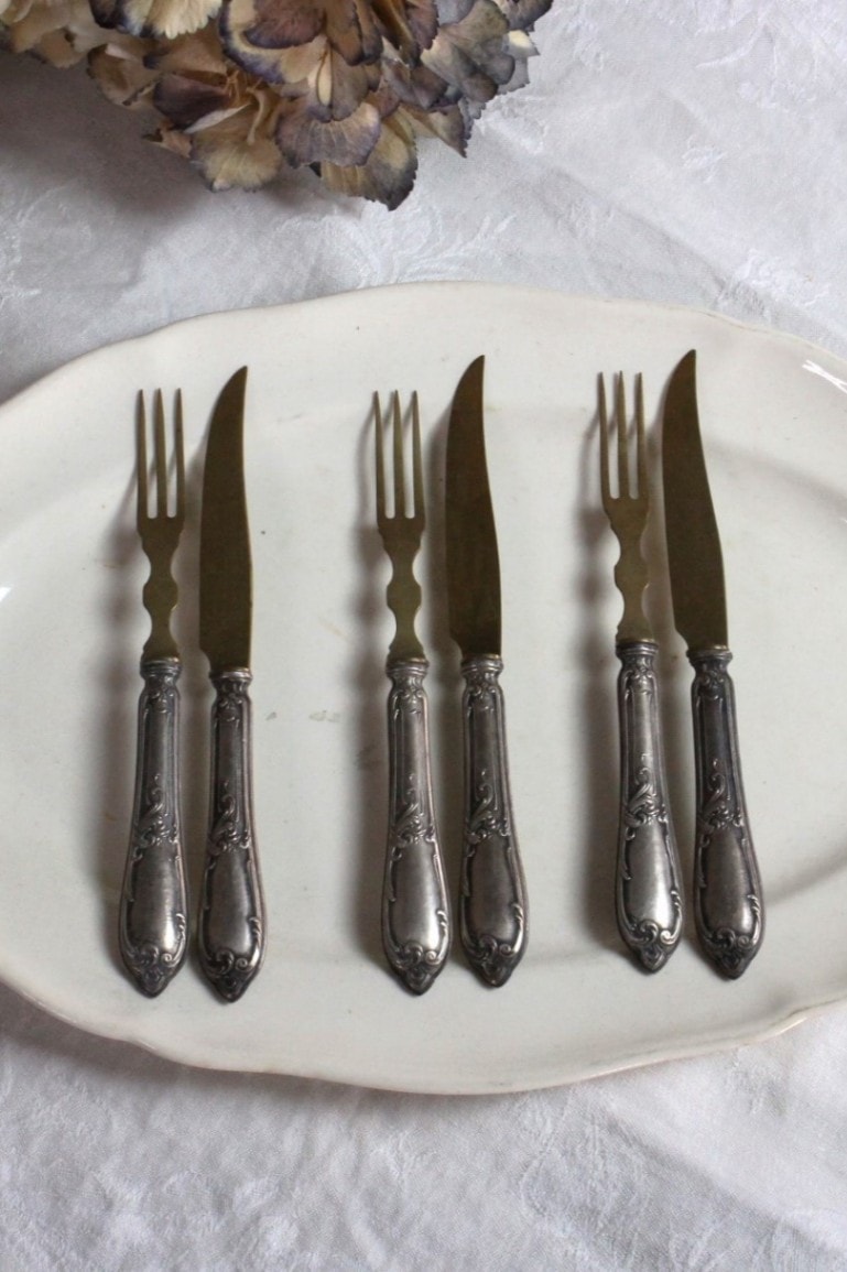 フランス 19世紀 純銀のシルバーナイフ＆フォークセット 4187