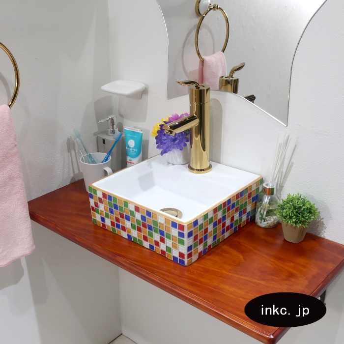 洗面ボウル おしゃれ モザイクタイル カラフル 四角 コンパクト 置き型