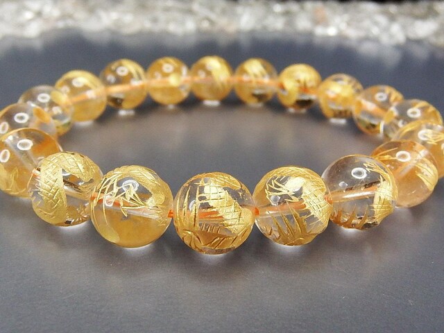 天然石五爪皇帝龍金箔天然水晶手彫り約10mmブレスレット数珠開運 | 石