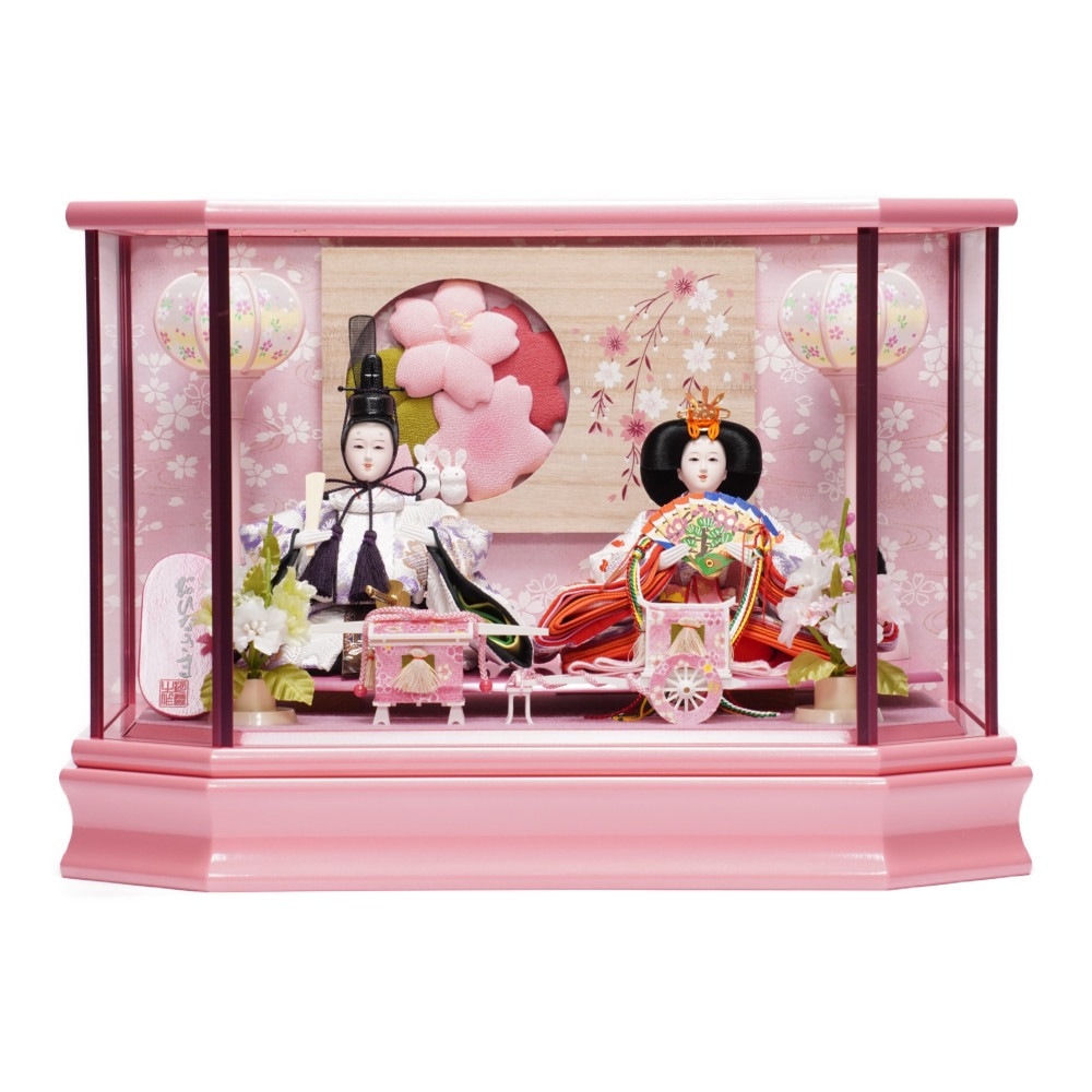 雛人形】小芥子 パールピンク塗 六角形 親王揃いガラスケース飾り | 河
