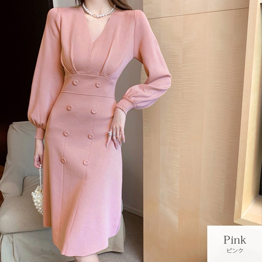 ニットワンピース バルーン袖 ウエストタック ひざ下丈 長袖 Vネック